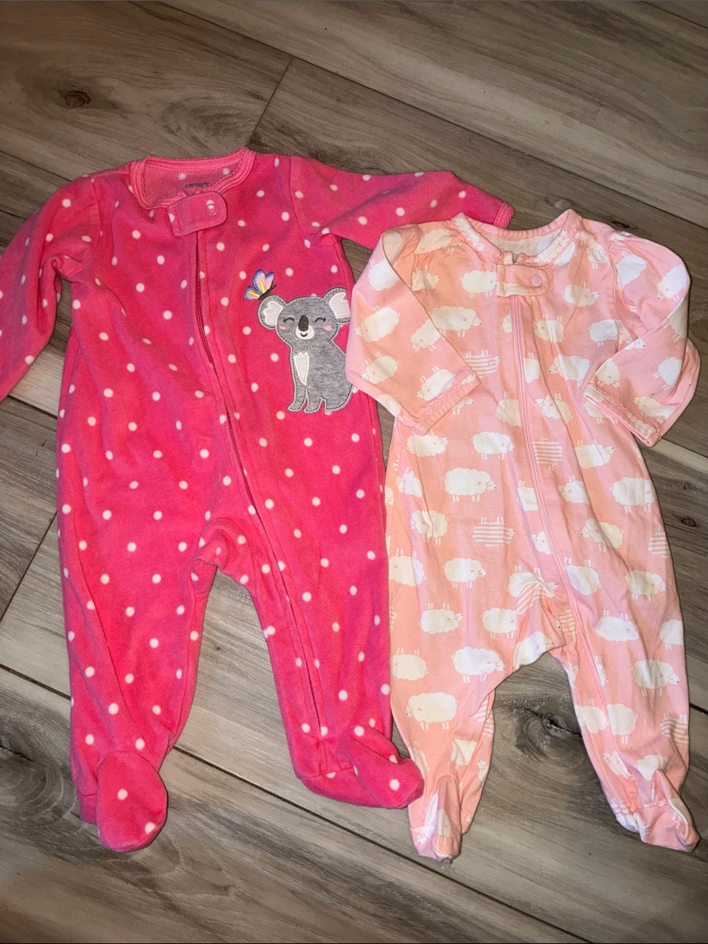 🩵 Cozy Pink Polka Dot Koala & Sheep Footed Baby One-Pieces 3 M